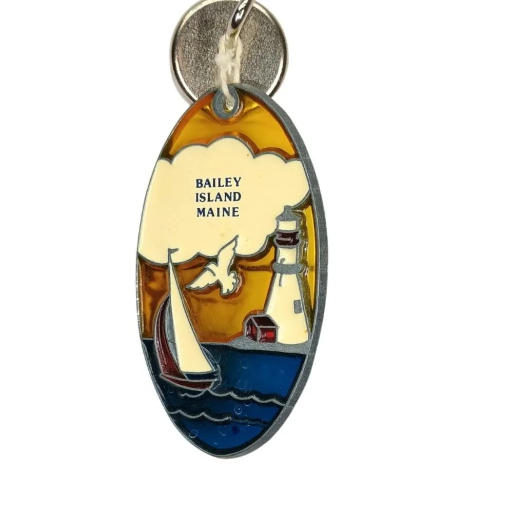 Bailey Island Maine‎ Lighthouse Stained Glass Look Keychain Oval Design